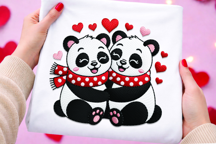 Two Pandas Hugging Valentine Embroidery Design Hearts
