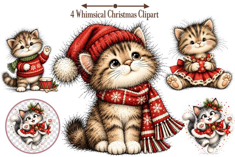 Whimsical Christmas Cat Clipart, Christmas Cat PNG example image 1