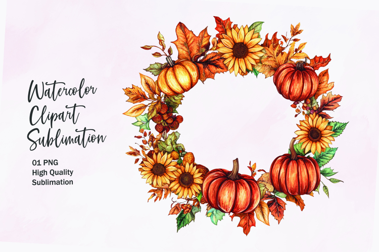 Fall themed wreath watercolor clipart sublimation