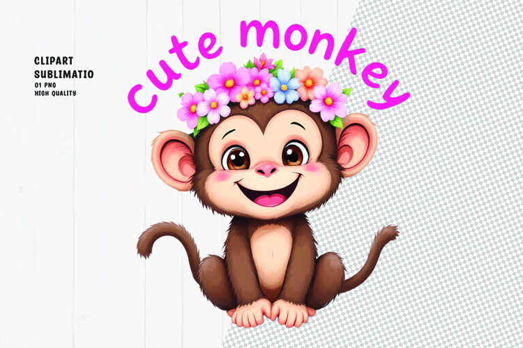 Cute monkey, crown flower, watercolor clipart