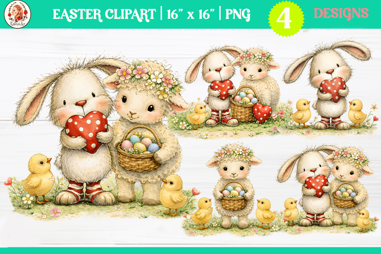 Easter Cute Whimsical Bunny and Lamb Clipart PNG
