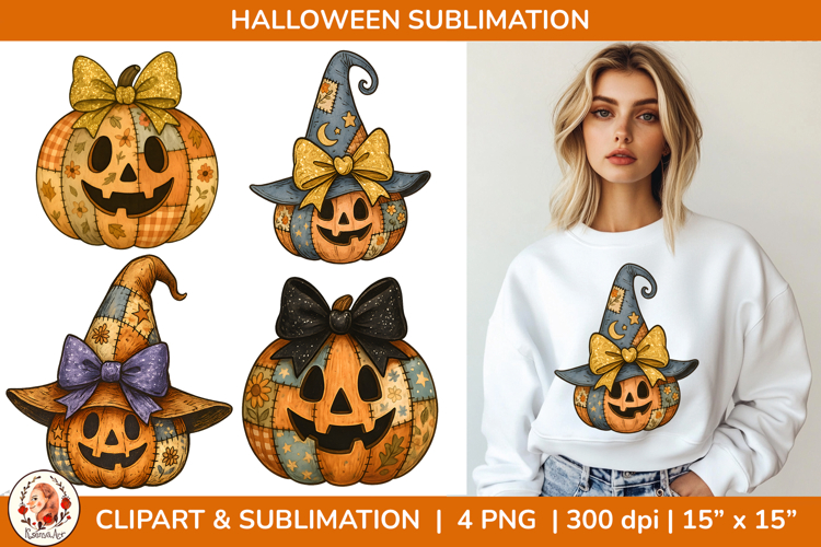Patchwork Halloween Pumpkin Sublimation PNG, Spooky