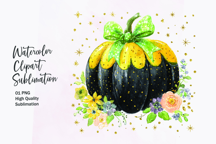 Floral Pumpkin with Bow Watercolor Clipart Sublimation