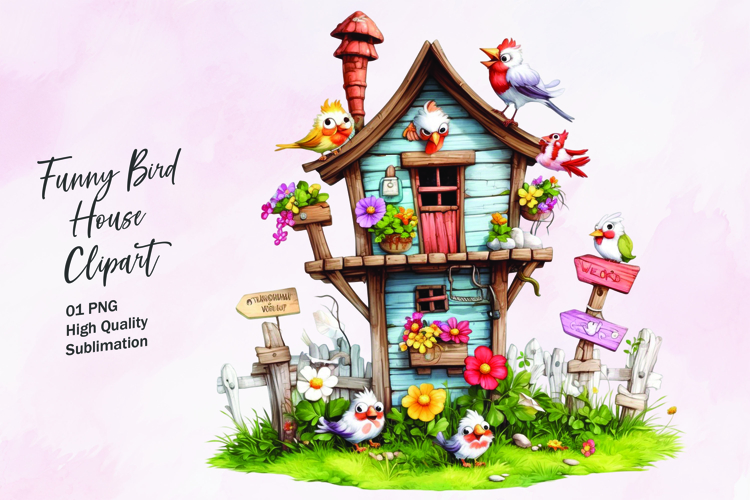 Funny bird tree house clipart sublimation