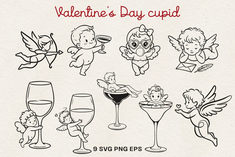 Valentine’s Day Cupid Illustration|Cute Love Angel Line Art.