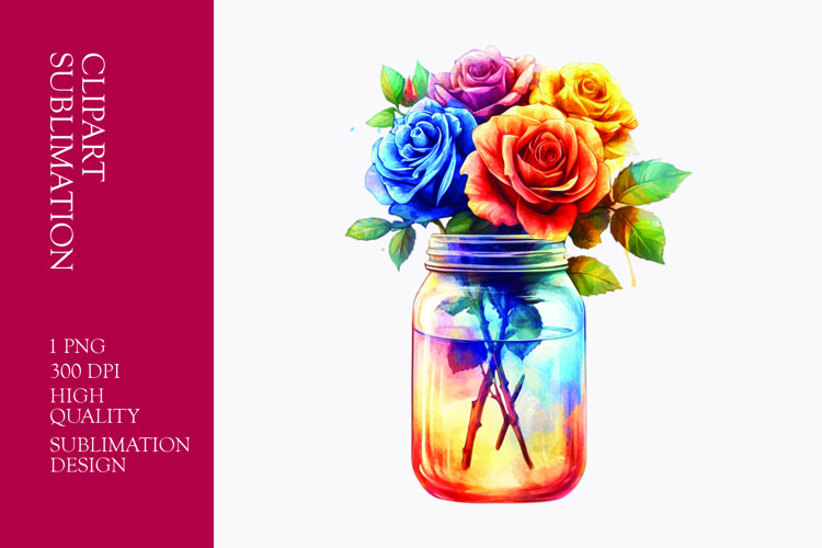 Colorful roses in jar watercolor clipart sublimation