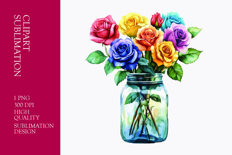 Colorful roses in jar watercolor clipart sublimation