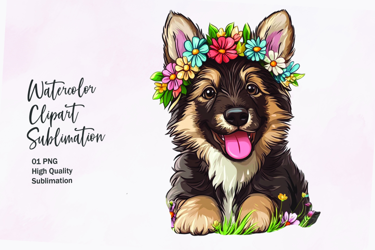 Cute puppy with flowers head watercolor clipart sublimation