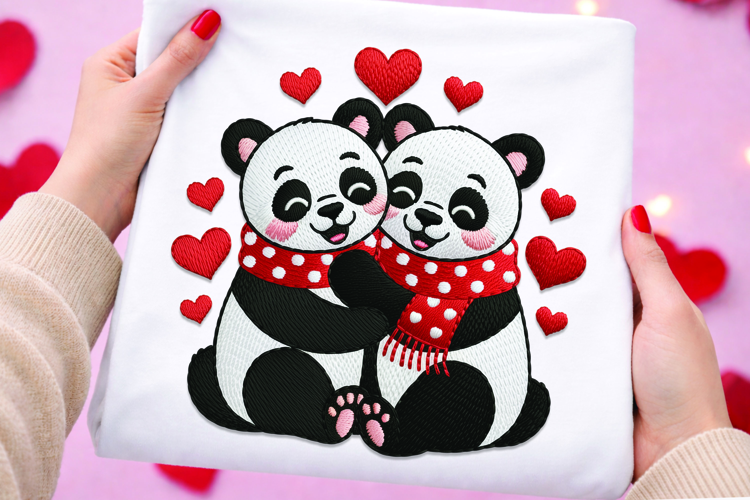 Two Pandas Hugging Valentine Embroidery Design Hearts