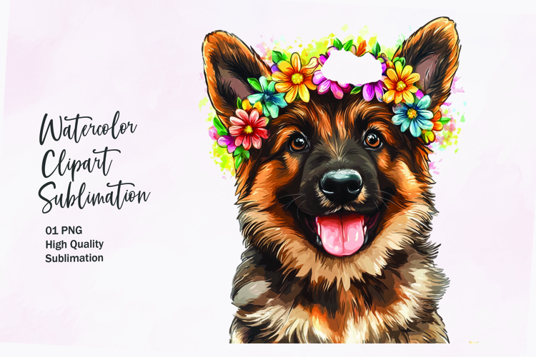 Cute puppy with flowers head watercolor clipart sublimation