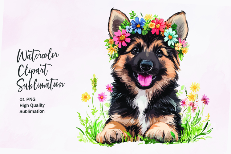 Cute puppy with flowers head watercolor clipart sublimation