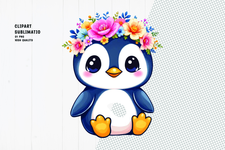 Cute penguin, floral crown, watercolor clipart