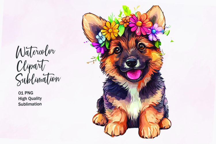 Cute puppy with flowers head watercolor clipart sublimation