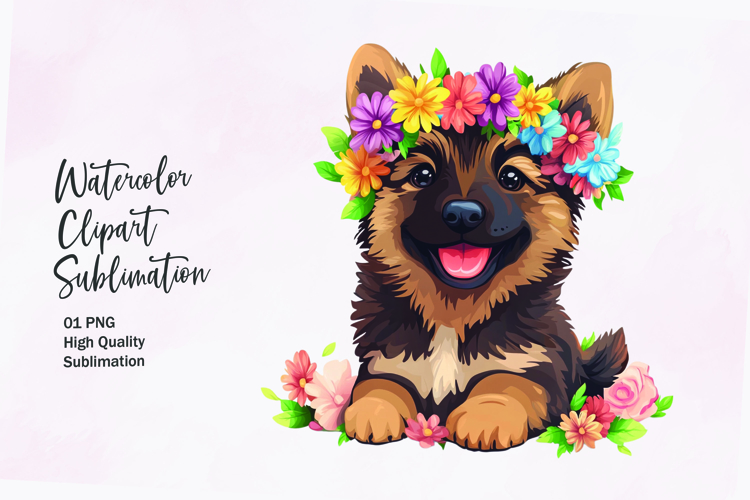 Cute puppy with flowers head watercolor clipart sublimation