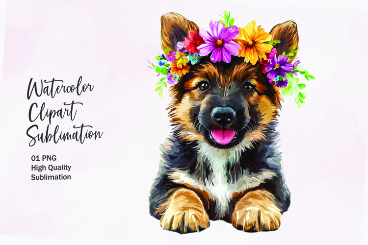 Cute puppy with flowers head watercolor clipart sublimation