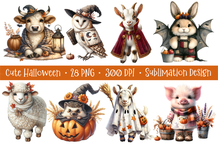 Cute Halloween Autumn Farm Animals Sublimation Bundle