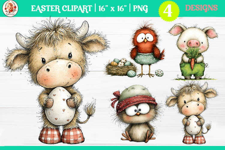 Easter Cute Whimsical Farm Animals Clipart PNG