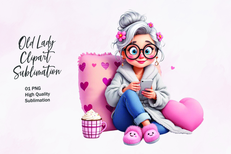 Cozy Grandma with Coffee and Phone Clipart