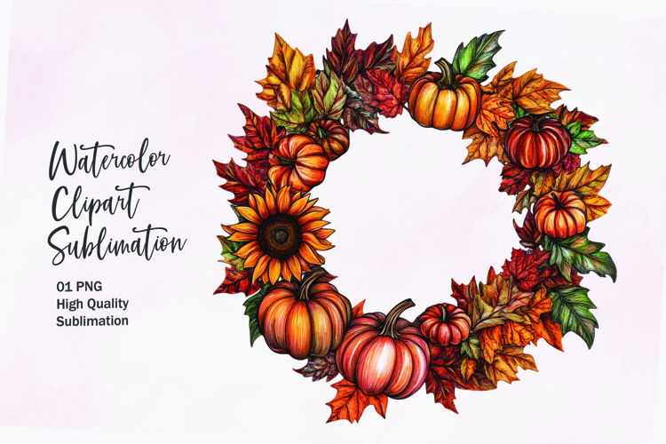 Fall themed wreath watercolor clipart sublimation