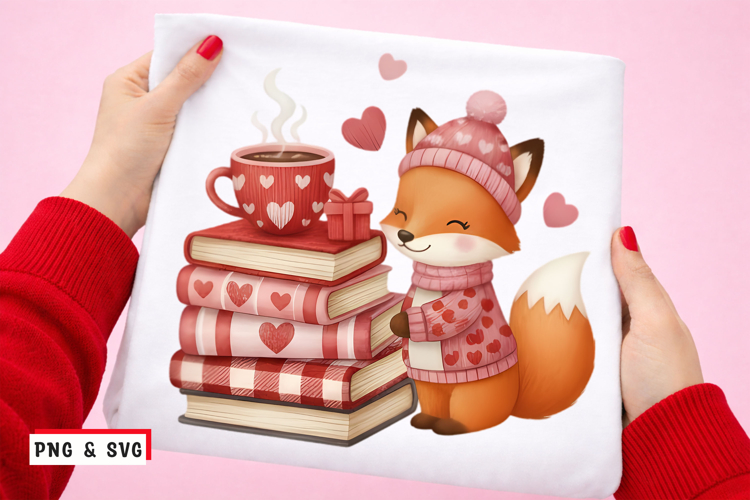 Cute Valentine Fox PNG SVG Cozy Fox with Books and Coffee