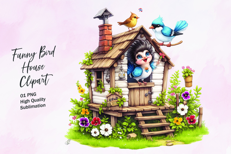 Funny bird tree house clipart sublimation