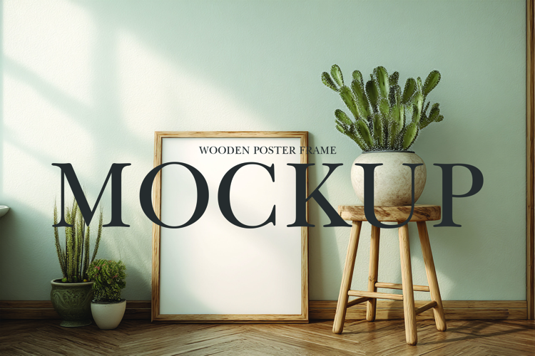 Wooden poster frame mockup