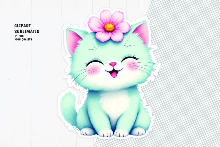 Cute cat sticker, floral crown, printable sticker