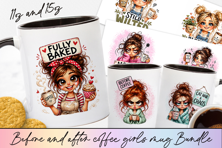 Before and After Coffee Girl Mug Wrap Sublimation BUNDLE
