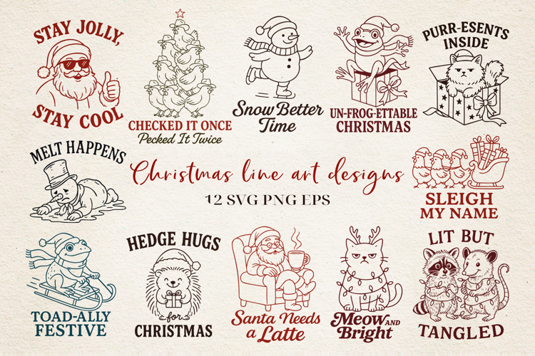 Christmas Line Art Bundle SVG | Holiday Animal Puns