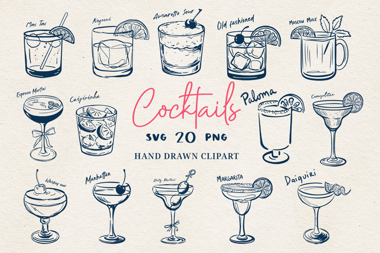 Hand Drawn Cocktail BUNDLE Line Art SVG | Vintage Drink PNG