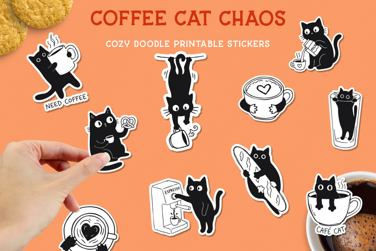 Coffee Cat Stickers PNG Bundle Cute Black Cat Coffee Clipart