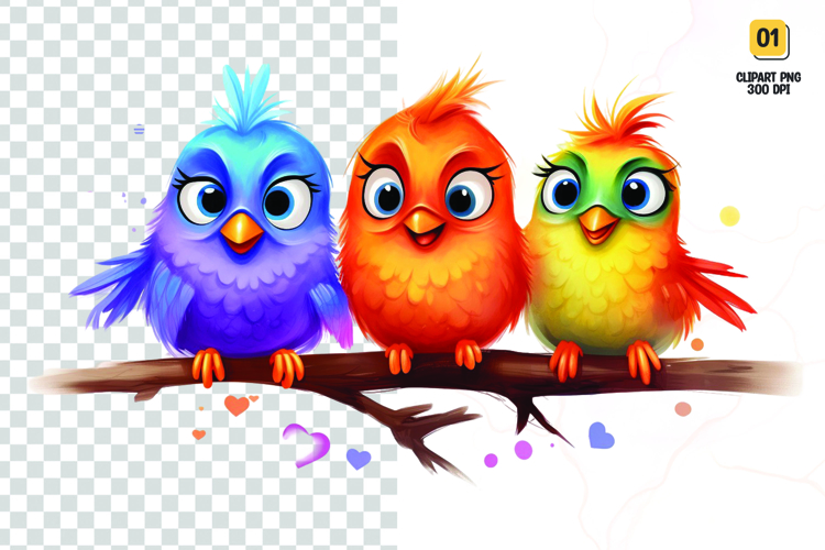 Watercolor colorful cute birds clipart