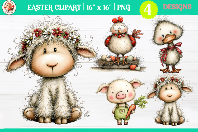 Easter Cute Whimsical Farm Animals Clipart PNG