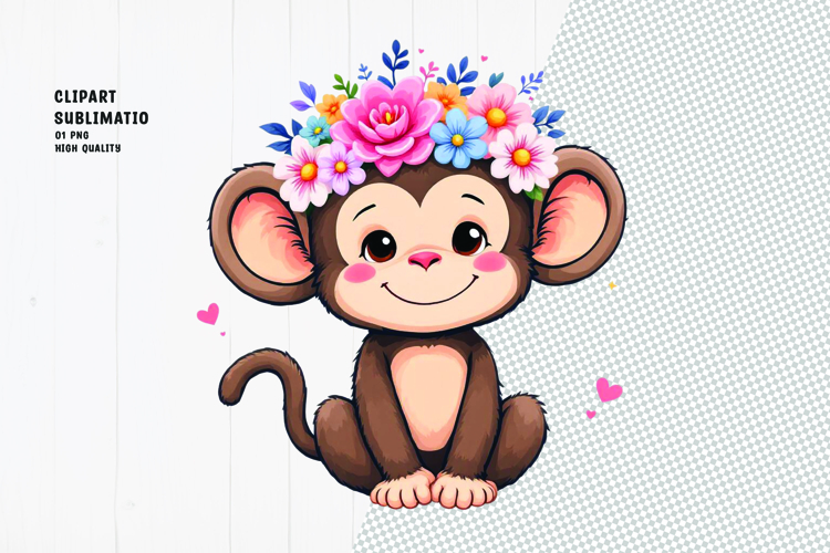 Cute monkey, crown flower, watercolor clipart
