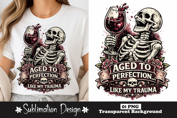 Aged To Perfection Like My Trauma Funny Skeleton Wine PNG