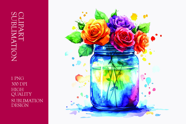 Colorful roses in jar watercolor clipart sublimation
