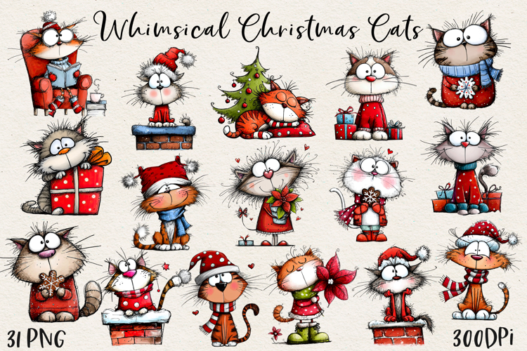 Cute Christmas Cats PNG | Whimsical Kitty Clipart BUNDLE
