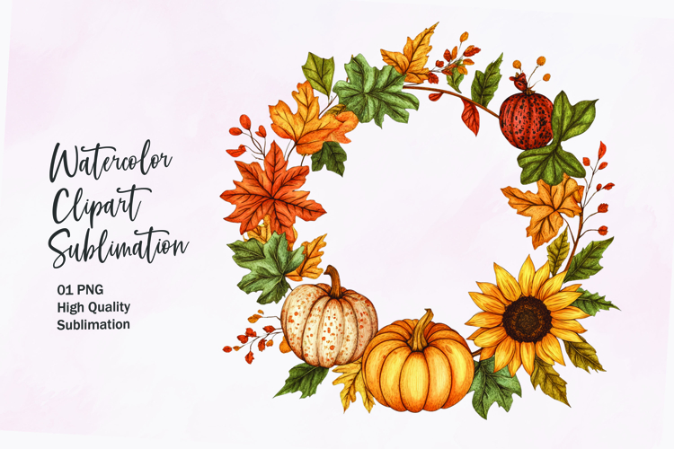 Fall themed wreath watercolor clipart sublimation