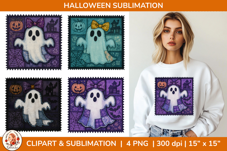 Patchwork Ghost Halloween Sublimation PNG, Spooky
