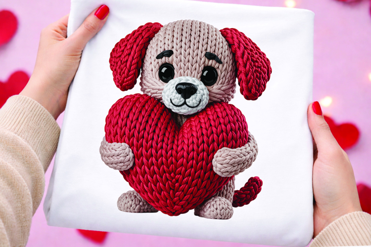 Knitted Puppy Dog Holding Red Heart Valentine