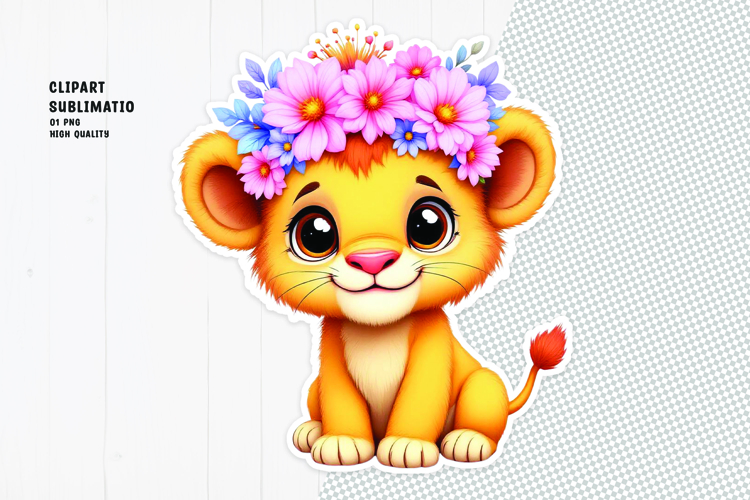 Cute lion sticker, floral crown, printable sticker