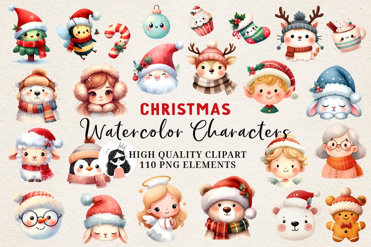 Christmas Watercolor Characters Clipart Bundle PNG
