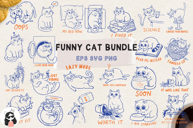 Funny Cat SVG Set 32 Designs Doodle Clipart Lazy Cat PNG EPS