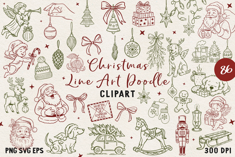 Vintage Hand-Drawn Christmas Illustrations| Line Art Clipart
