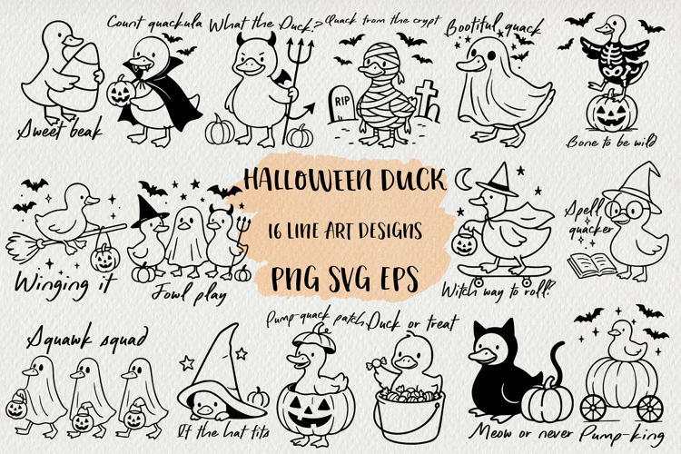 Line Art Cute Halloween Duck BUNDLE| EPS, SVG, PNG