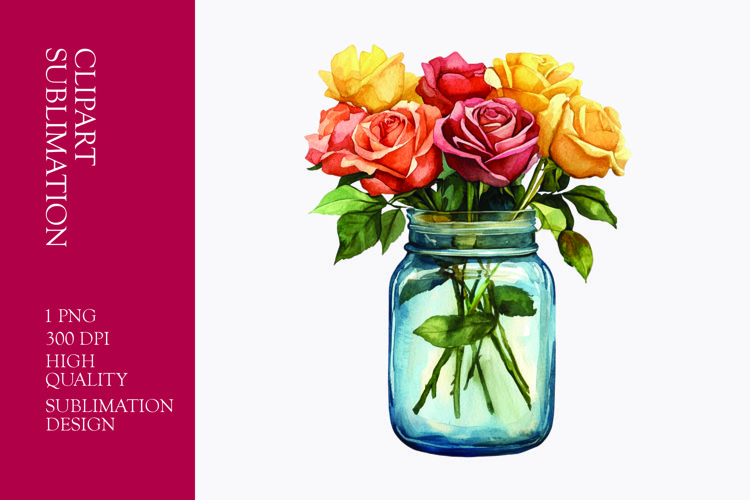 Colorful roses in jar watercolor clipart sublimation