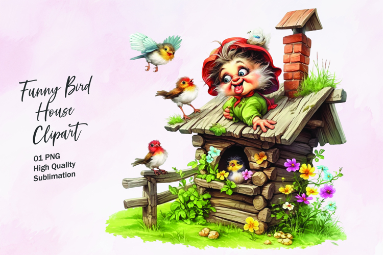 Funny bird tree house clipart sublimation