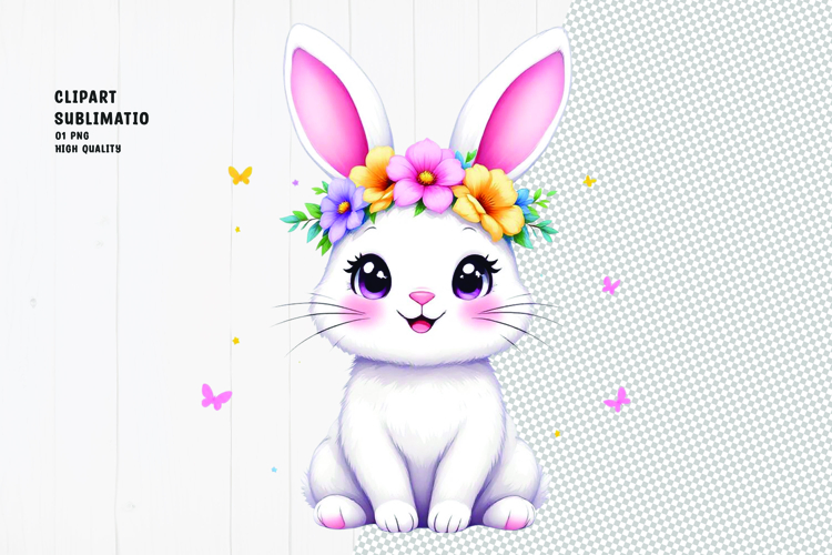 Cute bunny, crown flower, watercolor clipart