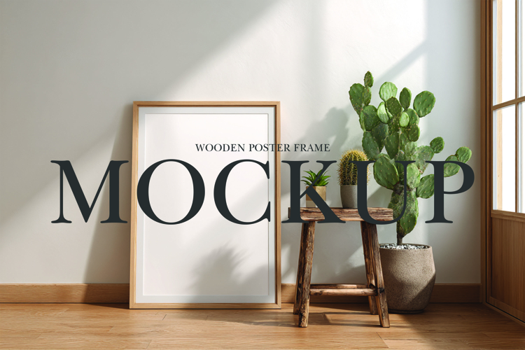 Wooden poster frame mockup