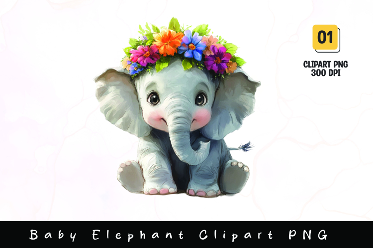 Cute baby elephant with flower on head clipart sublimation